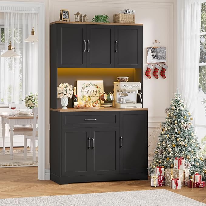 HIFIT 71" LED Kitchen Pantry Cabinet with Power Outlet, Tall Hutch Storage Cabinet with Microwave Stand & 6 Door Shelves, Modern Food Pantry Cabinets with Drawer for Kitchen Dining Living Room, Black