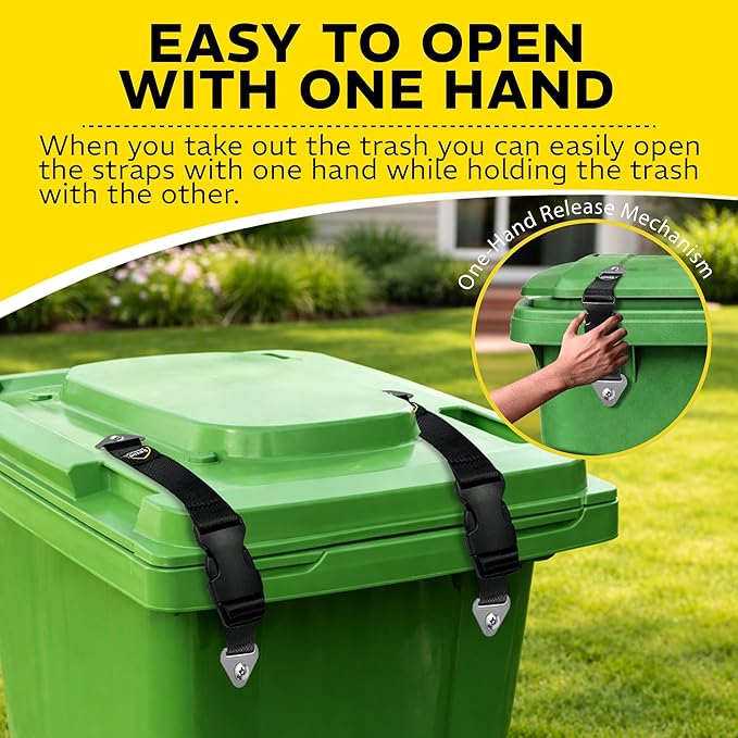 PROWL GUARD Trash Can Lid Lock – 2 Pack Animal & Raccoon Proof Trash Can Lid Straps for Outdoor Garbage Bins, Heavy Duty Adjustable Garbage Lock Clamps, Weather Resistant, Easy Install, 2 Pieces