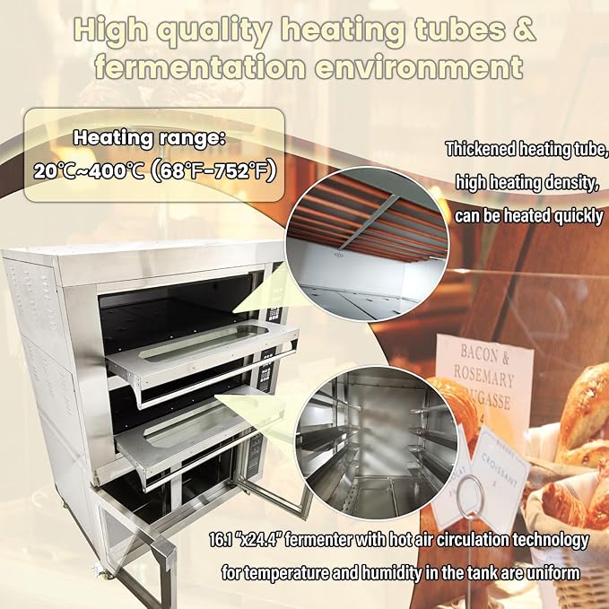 Electric Pizza Oven up to 400℃(752℉) Commercial Portable Indoor Pizza Triple Oven with Fermentation Tank Fits 4 Baking Sheets and 8 Fermentation Sheets AC220V/13.2kW