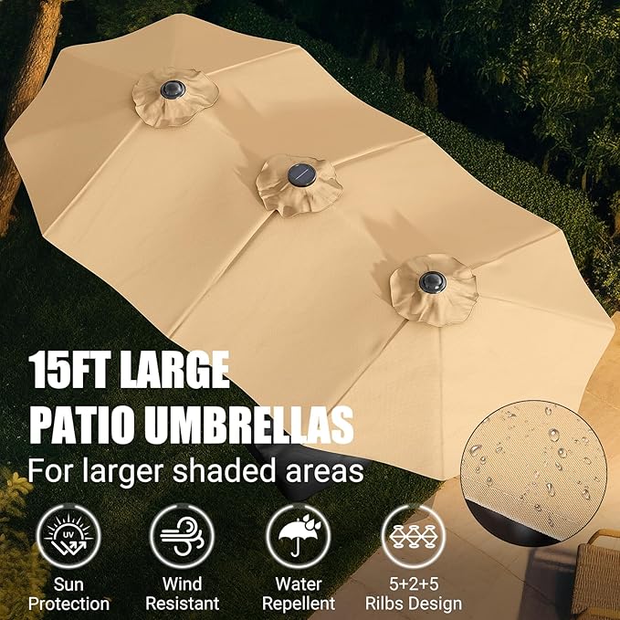 LEVELEVE 15FT Large Patio Patio Umbrella with Base & Solar LED Lights - Double-Sided,Kahaki