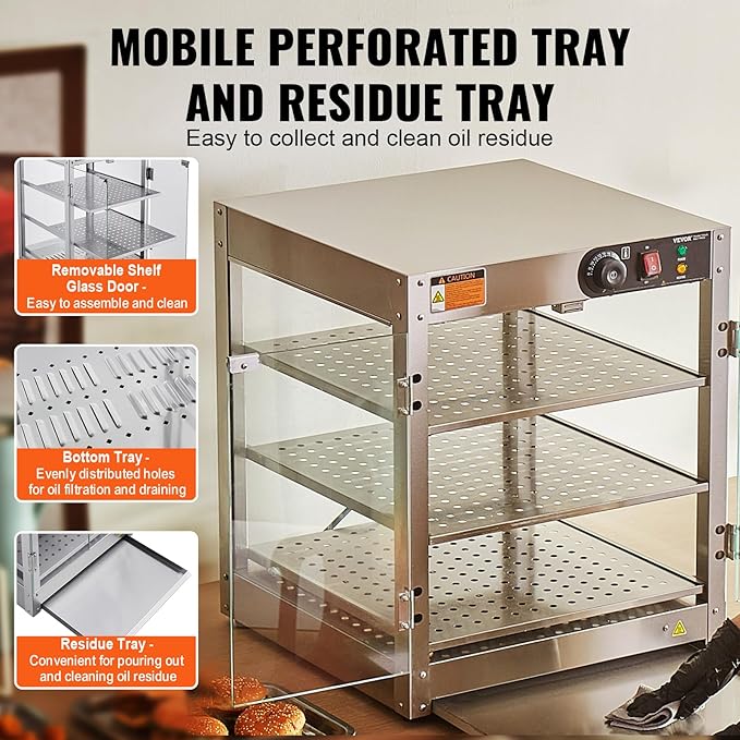 VEVOR 3-Tier Commercial Food Warmer Display, 800W Food Display Warmer with Light to Enhance Food Display, 86℉~185℉ Temperature Control, 90L Large Capacity for Hamburger, Pizza, Bread, Fried Chicken