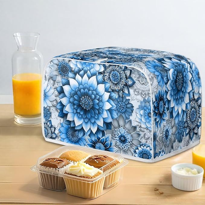 Blue Floral Print 2 Slice Toaster Cover Bread Machine Cover with Top Handle Design Kitchen Small Appliance Cover Dust Protection Stain Resistant Universal Fit