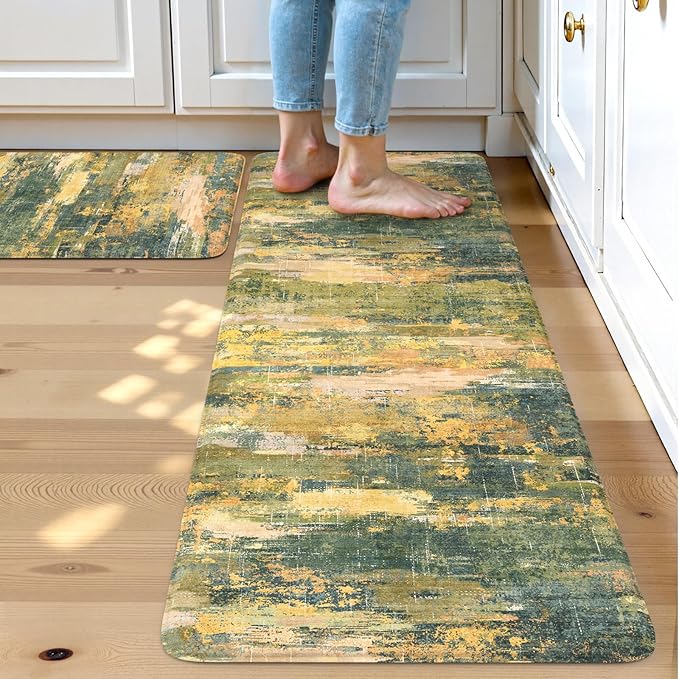 Collive Anti Fatigue Kitchen Rugs Sets of 2, Abstract Non Slip Waterproof Kitchen Mat Modern Runner Rug, Ergonomic Comfort Desk Rugs for Floor, 17"x59"+17"x29" Green/Yellow