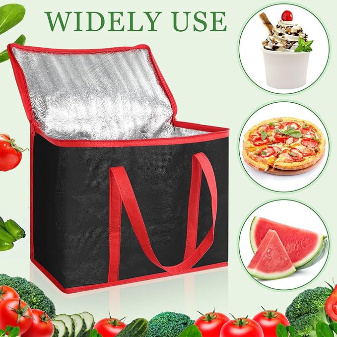 Kenning 8 Pcs Large Insulated Reusable Grocery Bags with Sturdy Zipper and Handles Foldable Washable Cooler Totes Heavy Duty Hot or Cold Food Delivery Bag for Food Transport Travel Lunch (Black Red)