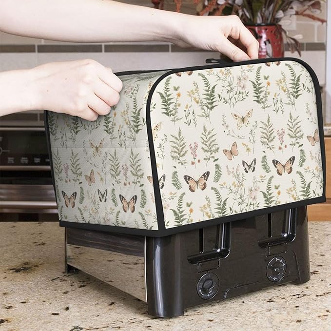 4 Slice Toaster Cover for Kitchen Botanical Wildflower Leaf Butterfly Waterproof Dustproof Toaster Dust Cover with Side Pockets Decorative Universal Cover for Wide Slot Toasters Small Appliances