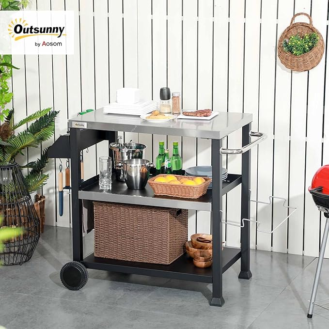 Outsunny Three-Shelf Outdoor Grill Cart with Stainless Steel Tabletop, Side Handle, 32" x 20.5" Multifunctional Pizza Oven Stand, Movable Food Prep Table on Wheels, Black
