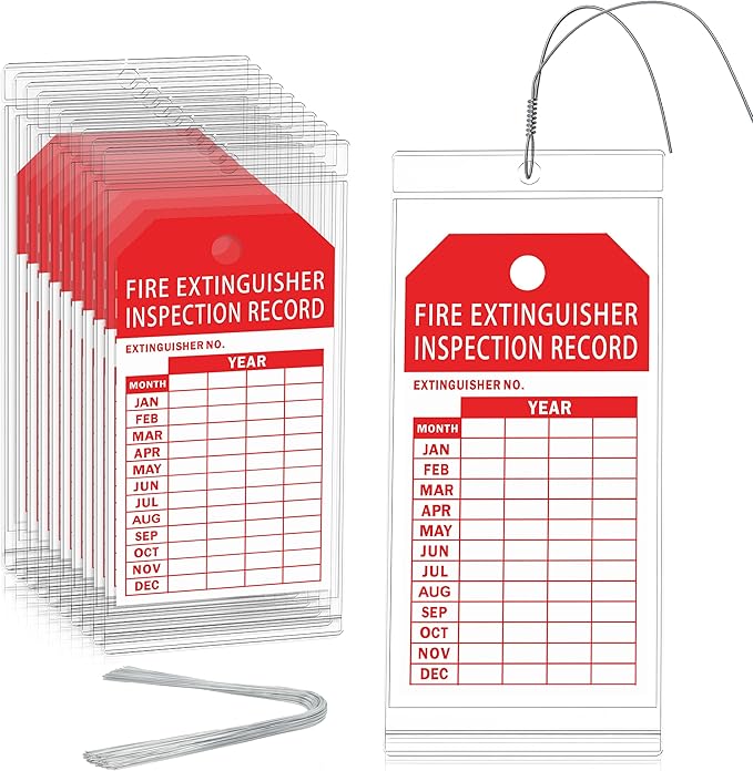 25 Fire Extinguisher Inspection Tag Plastic Cover 3.4 x 7.3 Inch Service Record Tags Fire Extinguisher Tamper Seal with Fire Tags and Iron Wire Resealable Waterproof for Indoor and Outdoor (25)