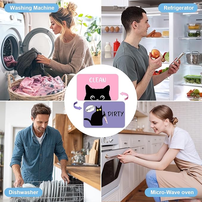 Funny Black Cat Cartoon Clean Dirty Dishwasher Magnet, Washing Machine Magnets Flip, Cute Cat Refrigerator Clean Dirty Sign, Double Sided Reversible Non Scratch Dish Washer Magnet Sign (Pink&Purple)