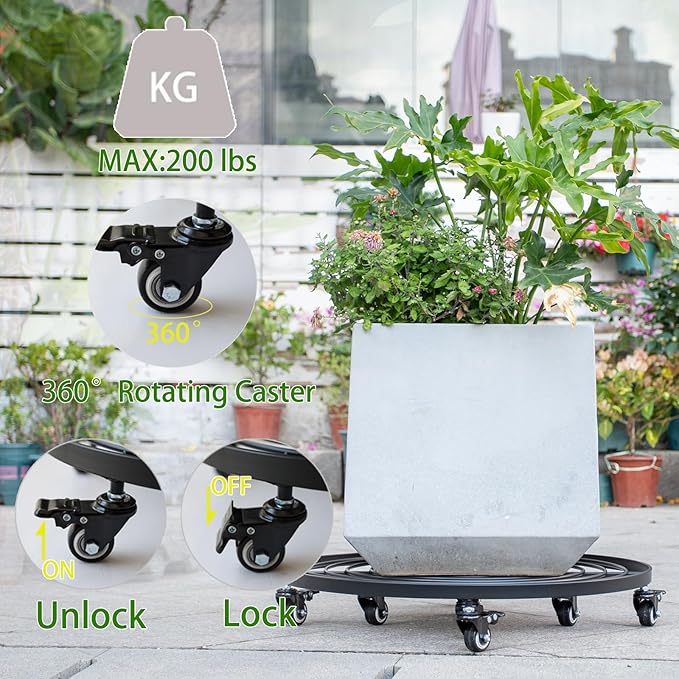 22 Inch Plant Rollers with Wheels - Heavy Duty Steel Round Dolly for Easy Indoor/Outdoor Movement, Removable Handle & 360° Swivel Wheels, Perfect for Large Pots, Planters & Trees