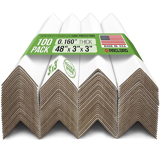 Extra-Wide 48" x 3" x 3" Reinforced Cardboard Edge Protectors (Pack of 100) – 0.16" Standard-Duty Thickness – Cardboard Edge Protectors for Shipping – American Quality Pallet Edge Protector