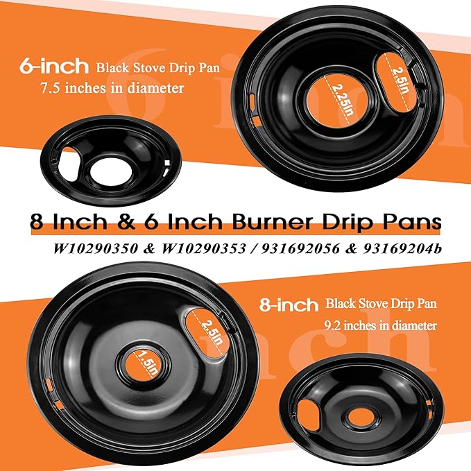 Porcelain Drip Pans and Electric Stove Top Burner Replacement for Whirl-pool Frigi-daire Ama-na Stove/Range/Oven, 2×8" 2×6" Stove Burner and Burner Drip Pans W10290350 W10290353 by Fetechmate - 1 Year