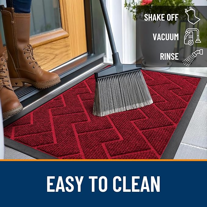 OLANLY Front Door Mat Indoor Outdoor Entrance, Waterproof All-Season, All-Weather Doormat, Sturdy Natural Rubber, Low Profile, Easy Clean Patio Porch Entryway Mat, Herringbone Brick (Wine Red, 71x23)
