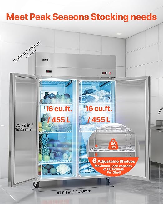 VEVOR Commercial Refrigerator and Freezer Combo 48" W, 32 Cu.Ft Stainless Steel Upright Refrigerator/Freezer with Double Doors, Auto-Defrost, 6 Adjustable Shelves, UL Certified