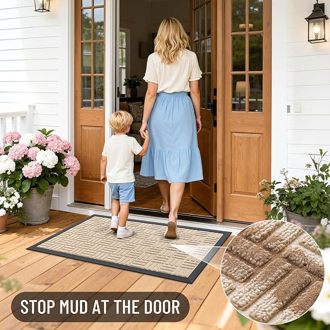 OLANLY Front Door Mat Outside Entrance 29.5x17, Absorbent, Heavy Duty Sturdy Natural Rubber Doormat Indoor Outdoor, Non-Slip, Stain and Fade Resistant, Low Profile Floor Mat for Entryway, Latte White