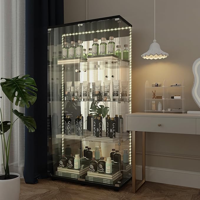 Yoluckea 4 Tiers Glass Display Cabinet with Bluetooth LED Light Strip, 2 Doors Floor Standing Curio Cabinet with Adjustable Feet and Mirror Back Panel, Black Glass Bookshelf for Collections, Wood Top