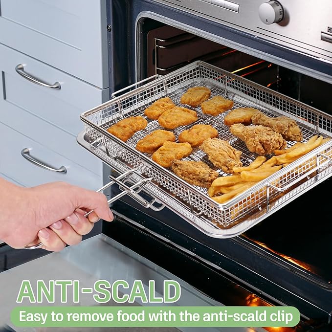 Extra Thick Air Fryer Basket for Full Size Oven,2 PCS-Set,Air Fry Basket & Crisper Tray Pan,Easy Cleaning and Crispy Results,Stainless Steel Air Fryer Accessories,with one Removable Handle,15''×11''