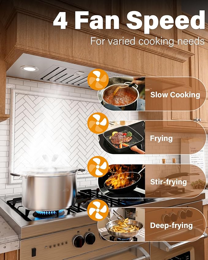 30 inch Stainless Steel Insert Range Hood - 900 CFM, Ultra-Quiet 4-Speed Vent, Button Control, LED Lights, Ducted/Ductless Convertible