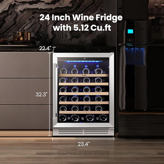 Yeego Wine Fridge Cooler - 24 Inch Wine Fridge Hold 52 Bottles, 40-65°F Wine Refrigerator Glass Door, Built in Fridge, Freestanding Adjustable Shelves Fridge for Beer Soda Drink Home Bar Office