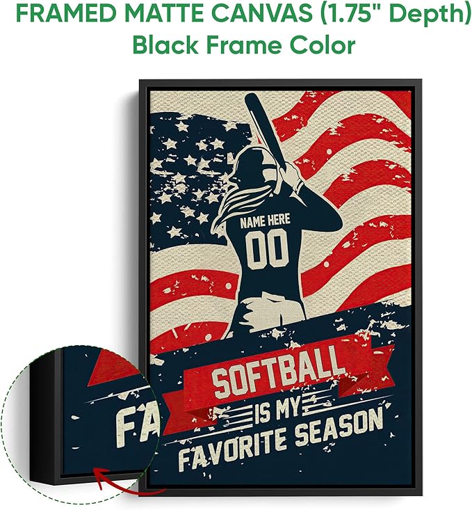 Personalized Softball Poster & Framed Canvas, Softball Is My Favorite Season Home Office Decor, Custom Name Number Bedroom Living Room Aesthetic Wall Art Gift For Girl, Daughter