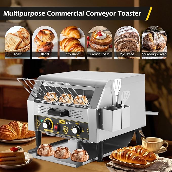 Dyna-Living Commercial Restaurant Toaster 450 Slices/H Conveyor Toaster Oven 1900W Rotating Toasters Heavy-duty Stainless Steel Commercial Conveyor Belt Toasters for Bun Bread