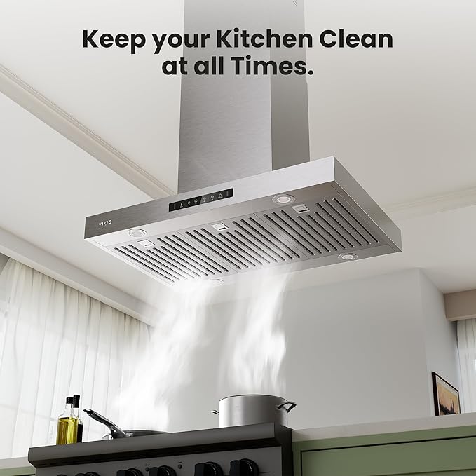 30 Inch Island Range Hood, 980 CFM Stainless Steel Ducted Island Mount Range Hood, Ceiling Mount Kitchen Vent Hood with Dual-Sided Touch/Gesture Control, Convertible Ducted/Ductless, 3-Speed Fan