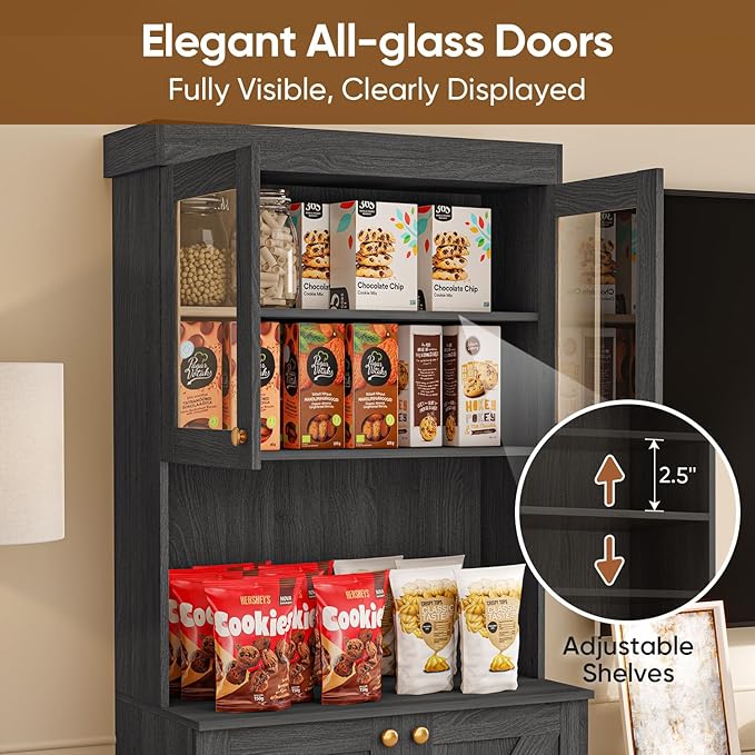 71" Tall Farmhouse Kitchen Pantry, Black Large Storage Cabinet with Glass Doors, Freestanding Coffee Bar Hutch with Microwave Stand, Adjustable Shelves for Kitchen or Living Room, Set of 4