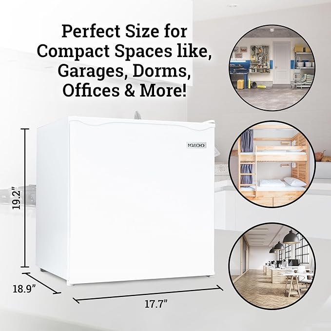 Igloo 1.6 Cu.Ft. Compact Refrigerator - Adjustable Thermostat, Glass Shelves, Includes Scraper, Ice Cube Freezer Drip Tray - White