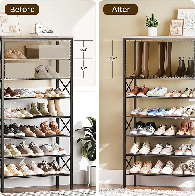 8 Tier Shoe Rack, Shoe Storage Organizer, Large Capacity Shoe Shelf Holds 32 Pairs of Shoes, Sturdy and Stable, for Entryway, Hallway, Closet, Dorm Room, Greige and Black SS08BG