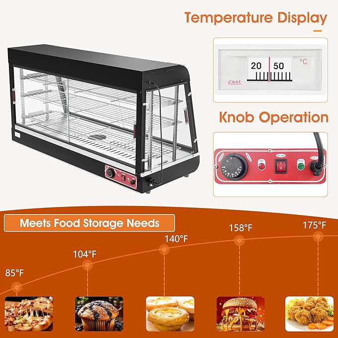 48-inch Commercial Food Warmer Display Case, 3-Tier Countertop Food Pizza Pastry Warmer w/ 3D Heating with LED Lighting Removable Shelves Glass Door, Pastry Display Case for Buffet Restaurant