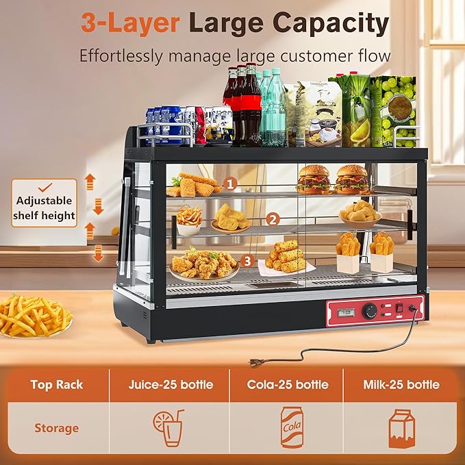 35inch 3-Tier Commercial Food Warmer with Top Rack for Milk Juice, Countertop Heat Holding Cabinet Display Case for Pizza/Pretzel, Three Color Lighting, w/Thermometer for Cafeteria Kitchen Restaurant