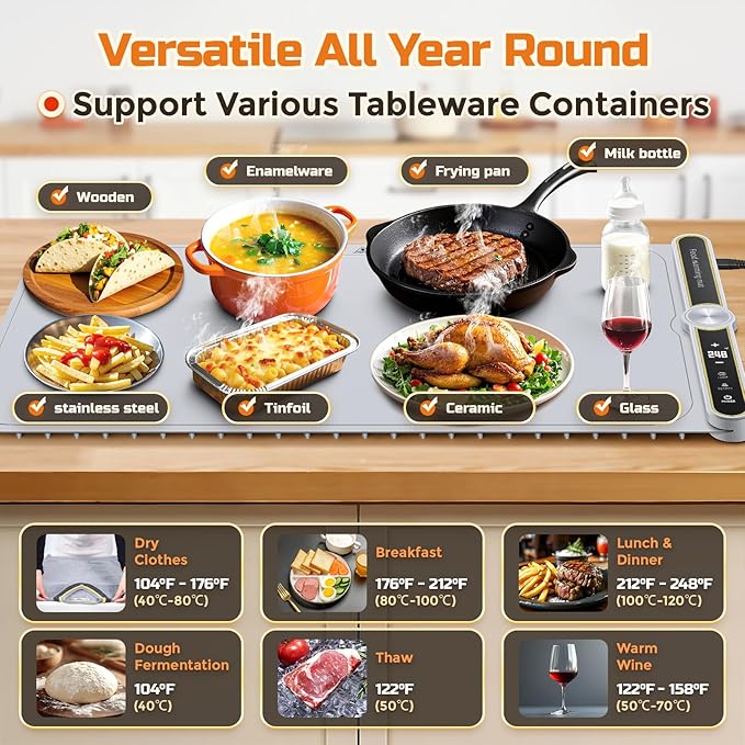Warming Mat for Food - Extra Large 32"x15" Electric Warming Tray Warm 8 Dishes, 9-Temperature Adjustable, 1-6H Timer, Child Lock, 8s Fast Heating, Foldable Food-Grade Silicone Design