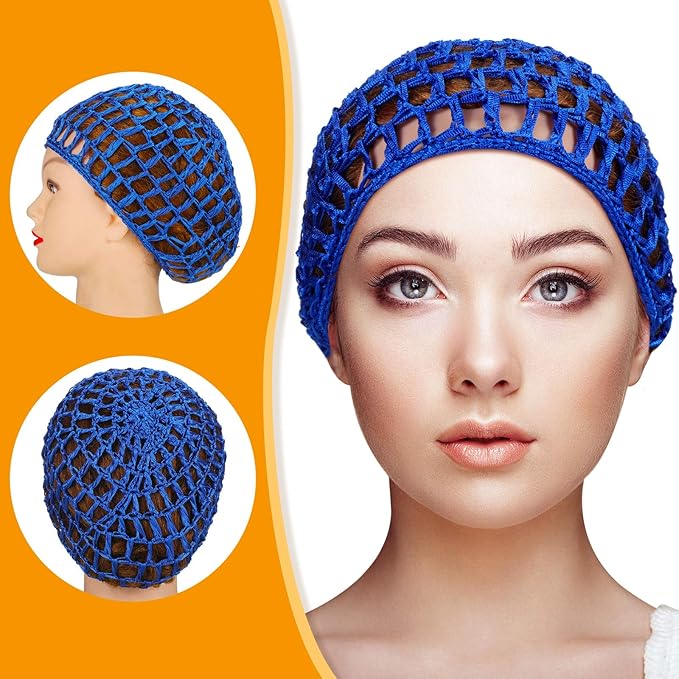 Geyoga 4 Pieces Mesh Crochet Hair Net Rayon Knit Snood Hat Thick Short Women Hairnet Snoods Cover Ornament for Sleeping (Blue)