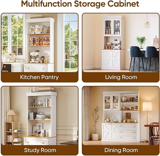 Vyre 71" Farmhouse Kitchen Pantry Cabinet Set of 4, White Freestanding Coffee Bar Hutch with Drawers & Adjustable Shelves, Large Storage Cabinet with Microwave Stand for Living Room & Kitchen