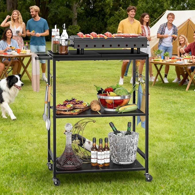 Grill Cart for Outside, 3-Tier BBQ Food Prep Rolling Table Cart, with 23.62" Lx 15.75" W Stainless Steel Tabletop, Outdoor Pizza Oven Table Ideal for Patio Backyard Kitchen Tools Room