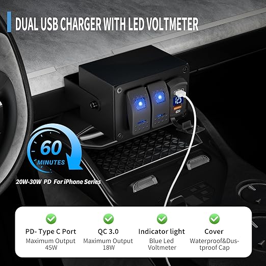 Joinfworld 2 Gang Rocker Switch Box Waterproof 12V LED Light Bar Switch Panel SPST ON/Off with Dual USB Outlet PD Type C& QC 3.0 Car USB Port for Boat Marine Automotive Car Truck RV UTV