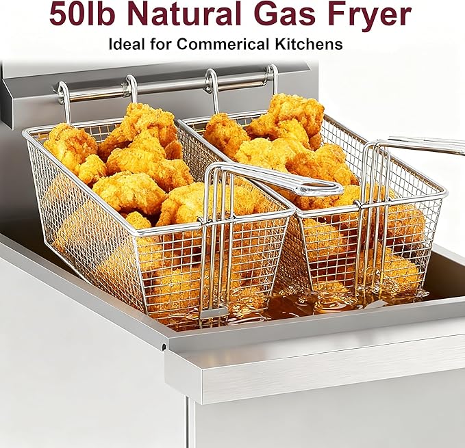 Commercial Deep Fryer, 4-Burner Fryer for Restaurants, Stainless Steel Gas Floor Fryer with 2 Baskets and Adjustable Temperature, Natural Gas Powered, 50 LBS Capacity, 400°F, 120000 BTU