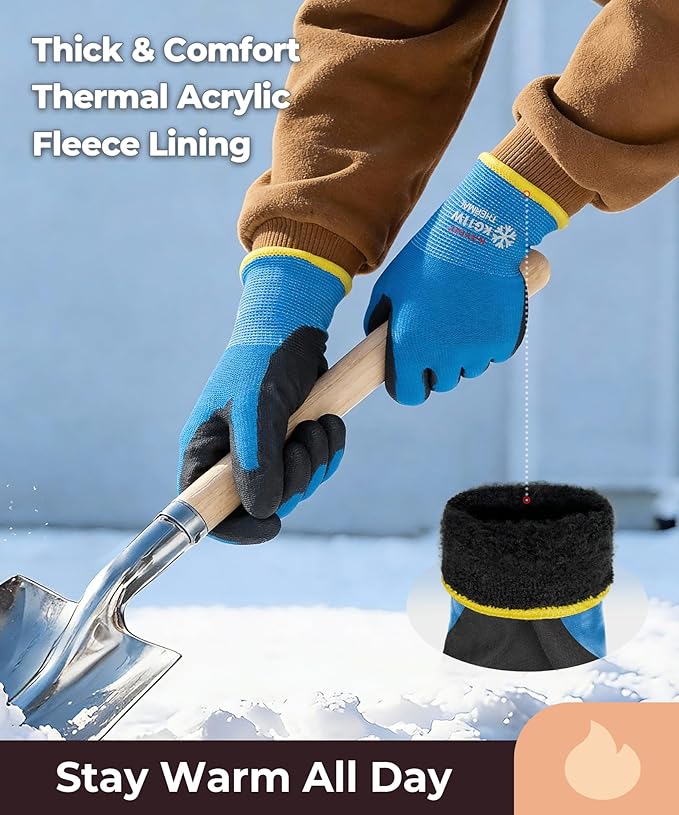 KAYGO Winter Work Gloves for Men and Women, 12 Pairs Thermal Insulated Safety Work Gloves PU Coated, Smooth Grip on Palm & Fingers,Ideal for Freezer Work,Blue,L