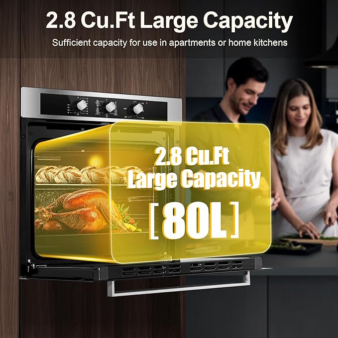 24 Inch Single Wall Oven 2.8 Cu.Ft 3220W, Electric Oven with Mechanical Knob Control, 9 Functions, 360° Rotisserie,Triple Glass Door & Enamel Cavity for restaurant, hotel, and home