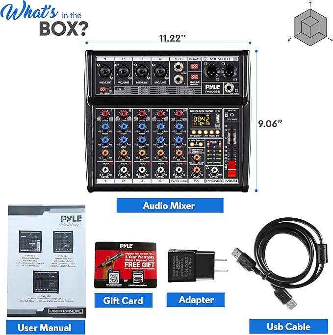 Pyle Professional Bluetooth DJ Audio Mixer - 6-Channel DJ Controller Sound Mixer w/DSP 16 Preset Effects, USB Interface, 4 XLR Mic/Line Input, AUX, FX Processor MP3 Player, Headphone Jack - PMX466