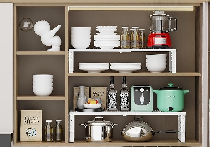 Expandable Adjustable Stackable Kitchen Organizer, Spice Rack,Metal Pantry Storage Shelves Racks,Counter Shelf for Cabinets, Countertop, Cupboard (2 Packs/Medium/White)