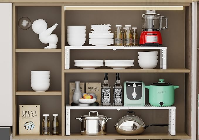 Expandable Adjustable Stackable Kitchen Organizer, Spice Rack,Metal Pantry Storage Shelves Racks,Counter Shelf for Cabinets, Countertop, Cupboard (3 Packs/Medium/White)