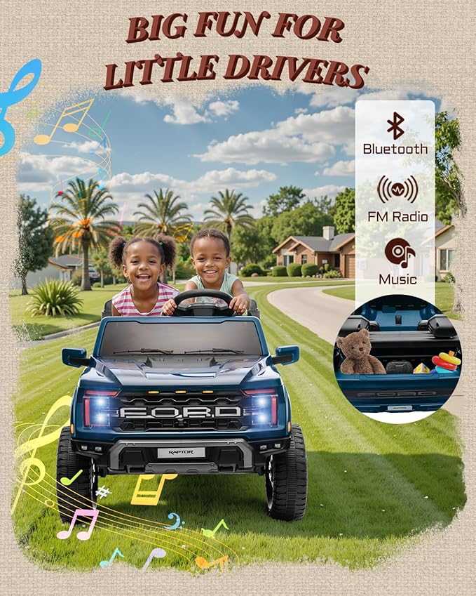 First Ride On Licensed Ford F-150 Raptor 2 Seater Ride on Car for Kids, 24 Volt Ride on Toys for Boys w/Remote Control, Kids Electric Car w/LED Lights, Bluetooth, Truck Bed Storage, Soft Start (Blue)