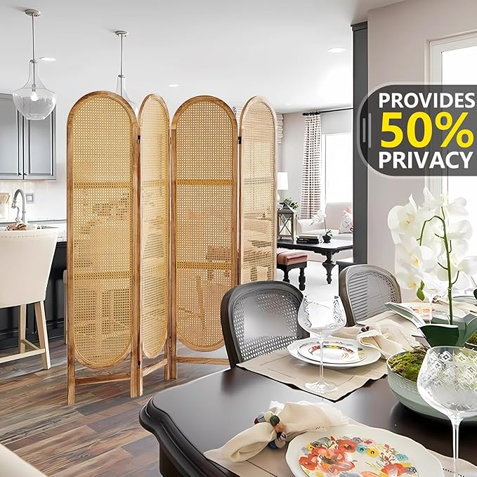 Room Divider and Folding Privacy Screen 5.6 Ft Rattan Room Divider with Double Hinges, Foldable Wood Partition Screen, Freestanding Wall Divider for Room Separation Home - 4 Panel Natural