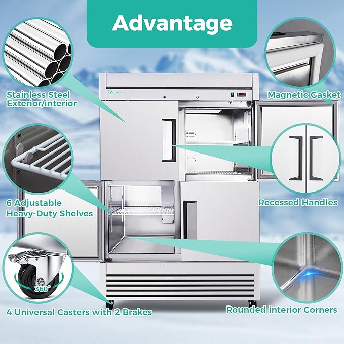COOLCHEF 54" Commercial Refrigerator 49 Cu.Ft, Stainless Steel 4-Door Reach-in Fridge, 33–40℉, Air Cooling, LED Light, 6 Shelves, R290, ETL