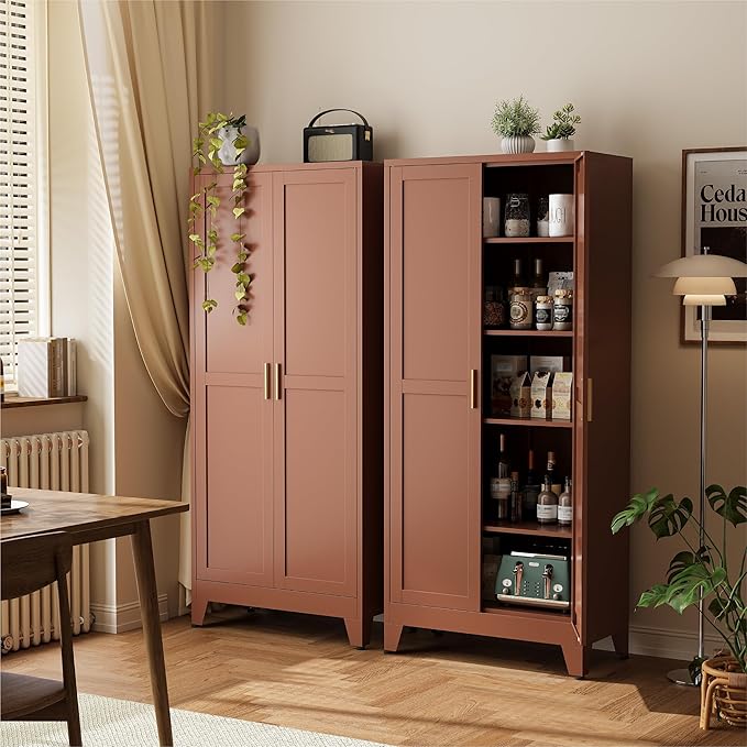 COFaR 71" Classic Pantry Cabinet in Brown, 5-Tier Storage with Adjustable Shelves, Wood-Tone Cupboard for Kitchen, Office & Living Room Organization