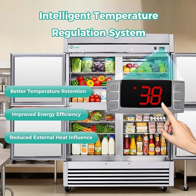 54" Commercial Refrigerator 49 Cu.Ft, Stainless Steel Half-Door Reach-in Fridge, 33-40℉, Air Cooling, LED Light, 6 Shelves, R290, ETL