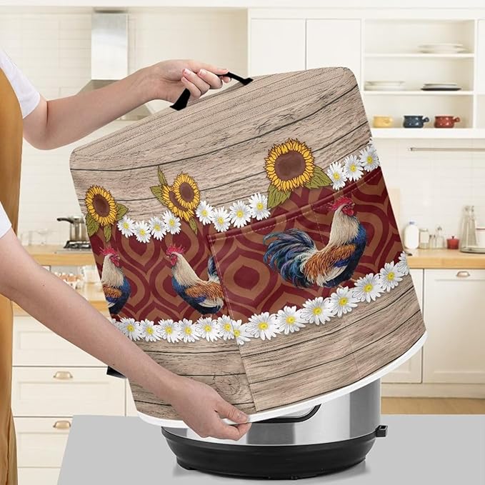 Air Fryer Cover Compatible with 8 Quart Instant Pot, Dust Protection Insulated Kitchen Appliance Cover with Top Handle and Storage Pockets for Gift, Daisy Rooster Wood Grain