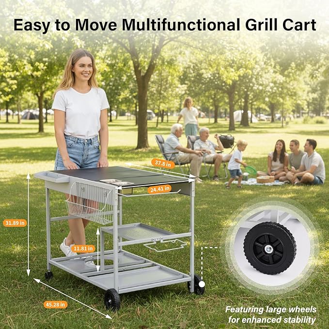 ROVSUN Pizza Oven Grill Table Cart, Movable Food Prep Cart with Pizza Topping Station, Seasoning Shelf, Gas Bottle Space, Outdoor Table Stand for Griddle, Patio, Home, Parties