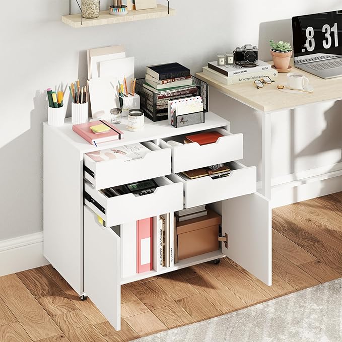 File Cabinet, White Filing Cabinet w/Universal Wheels, Wood Printer Stand w/4 Drawers & 2 Doors, Rolling File Cabinets for Home Office, Living Dining Room (White, 4 Drawers & 2 Doors)