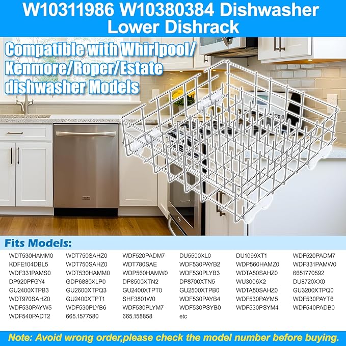 UPGRADED W10311986 W10380384 Dishwasher Lower Dishrack for Whirlpool Kenmore Dishwasher Rack Replacement Parts,304 Stainless Steel W10311986 W11158802 Whirlpool Dishwasher Rack with Wheel Bottom Rack